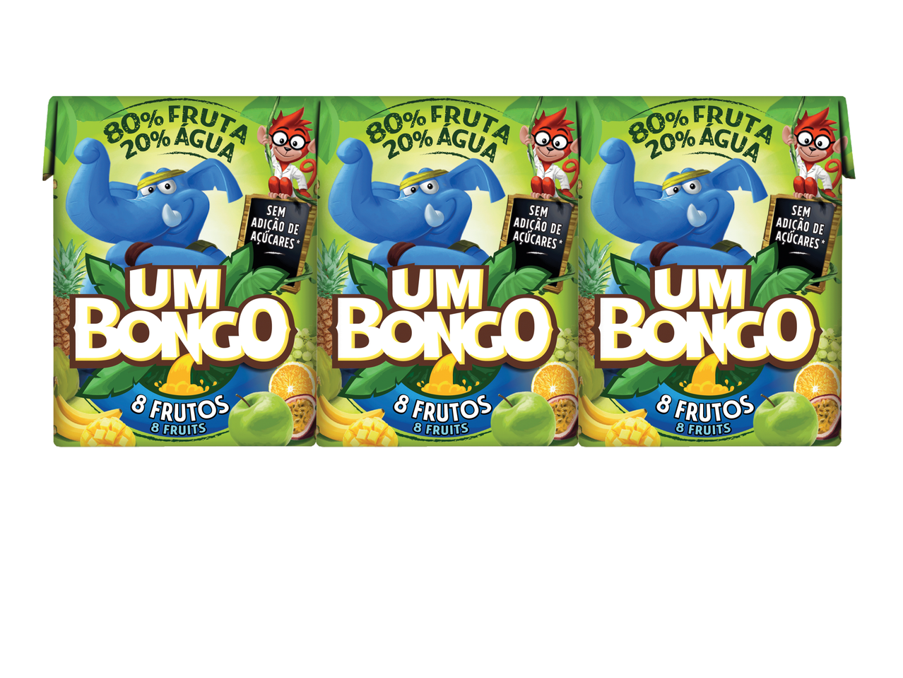 Três caixas de suco Um Bongo com 80% de fruta e 20% de água.