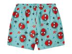 Kids' light blue shorts with a Spider-Man mask and spider web pattern.