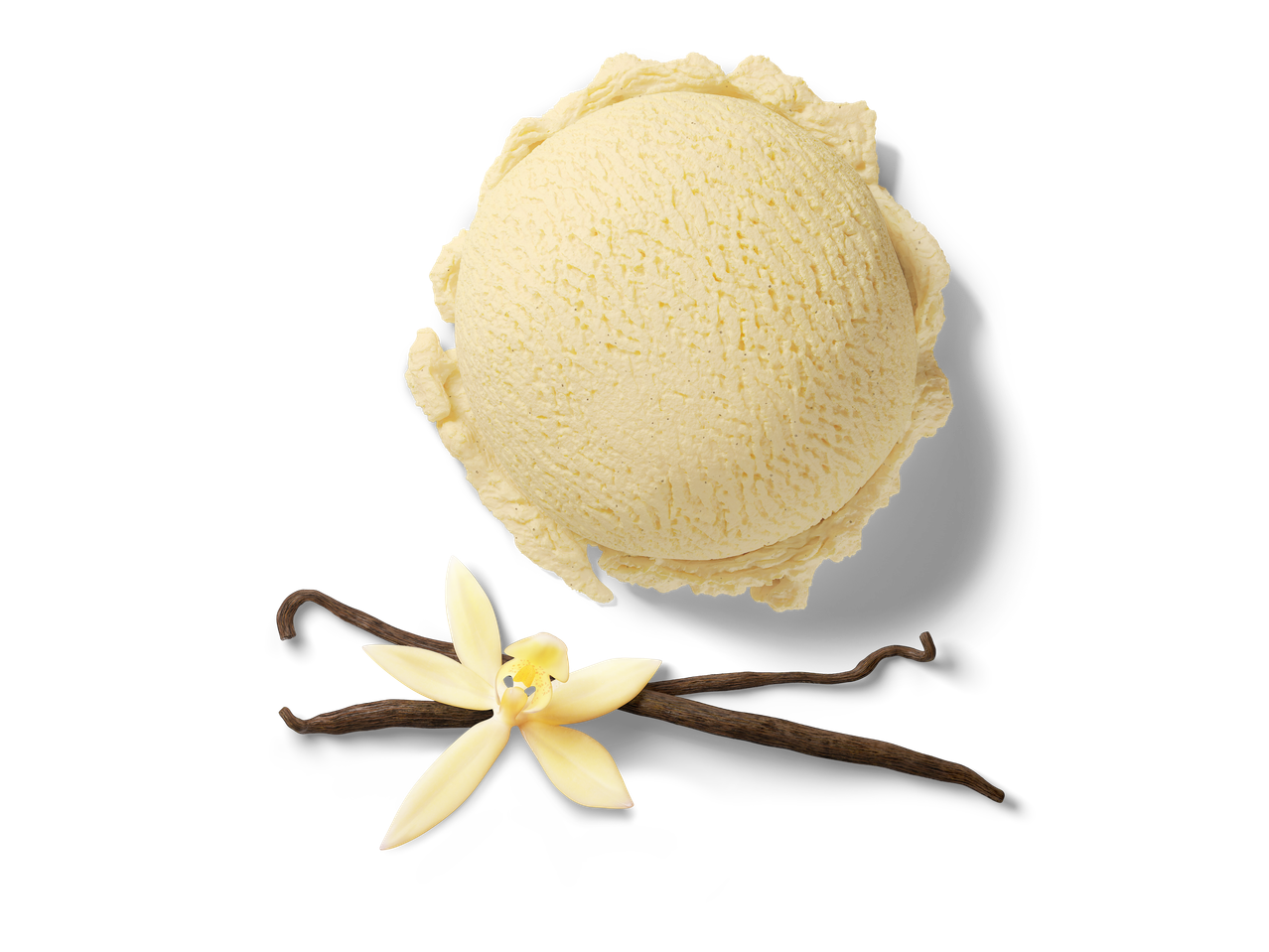Bola de sorvete de baunilha e favas de baunilha.