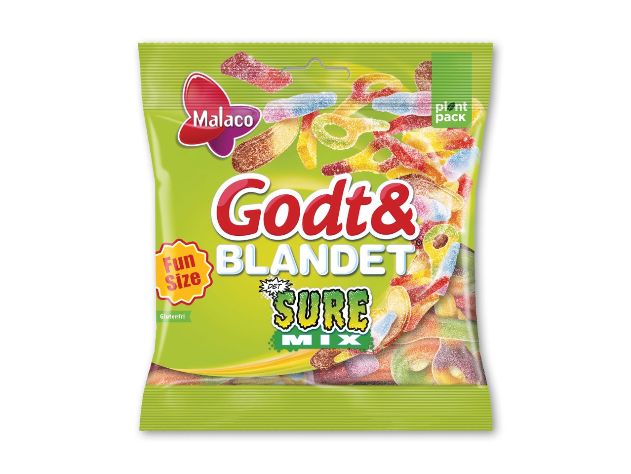 Grøn pose med blandet surt slik i forskellige farver og former, mærket 'Fun Size' og 'Glutenfri'.