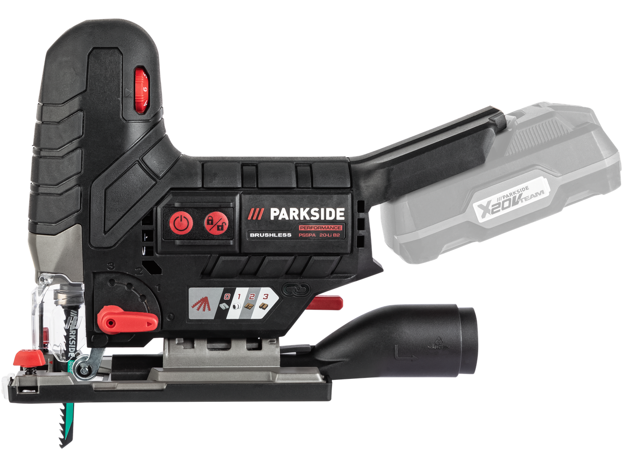 Parkside akumuliatorinis išpjovimo pjūklas, bešepečiais variklis.