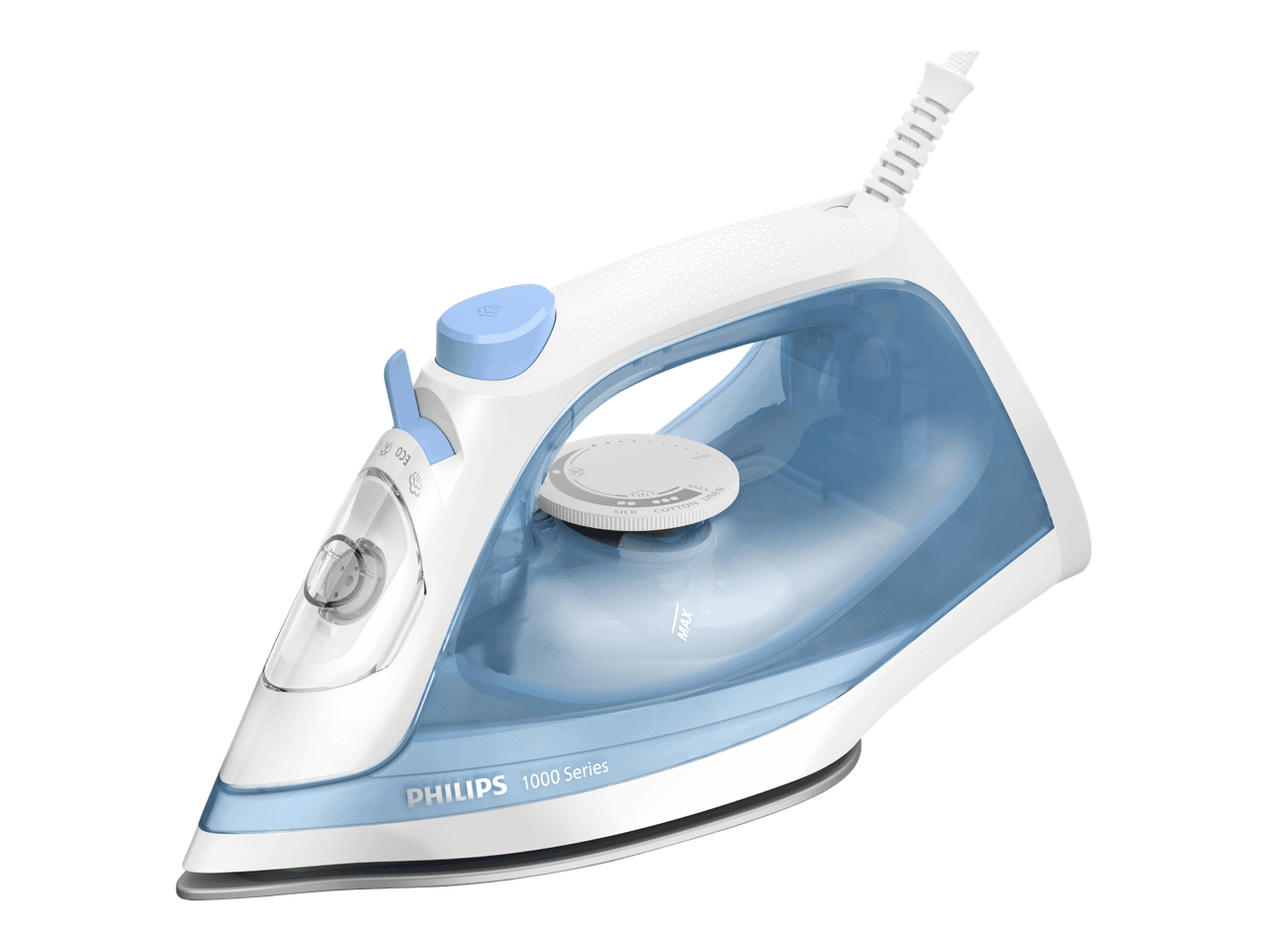 Philips 1000 Series -silitysrauta, jossa on valkoinen ja sininen muotoilu.
