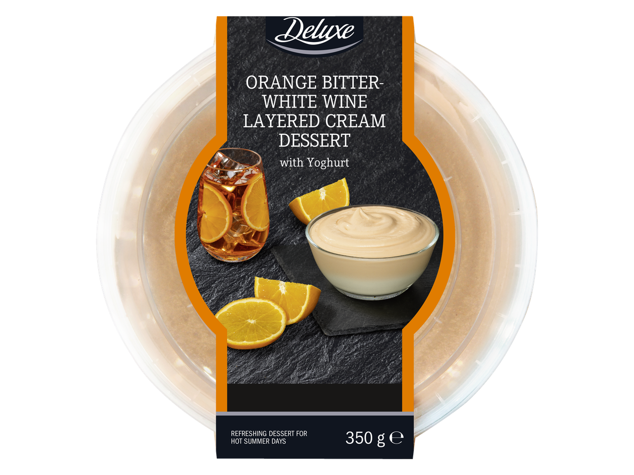 Deluxe apelsīnu rūgto baltvīna slāņveida krējuma deserts ar jogurtu (350g).