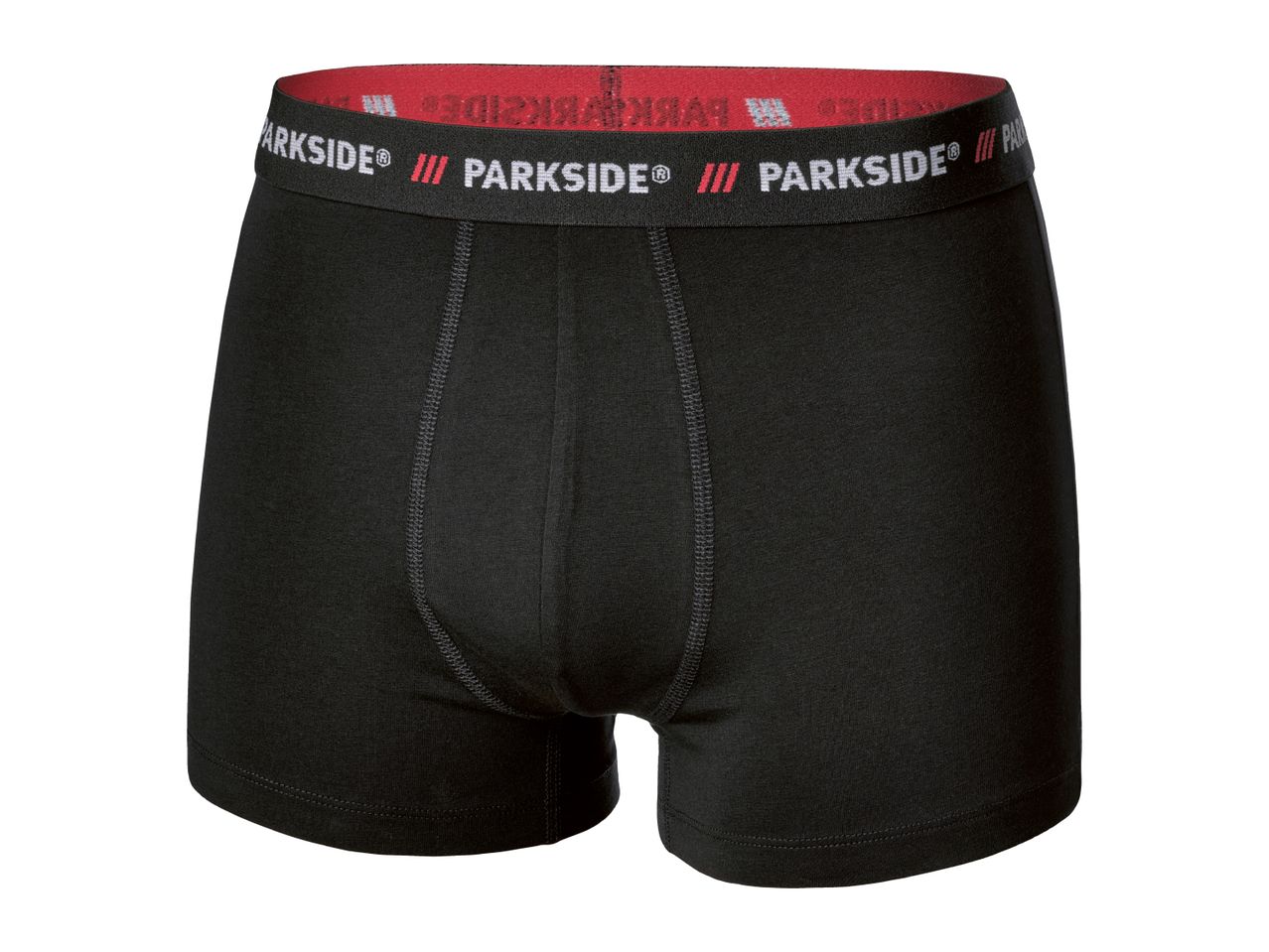 Black men's boxer briefs with a red and black branded waistband.