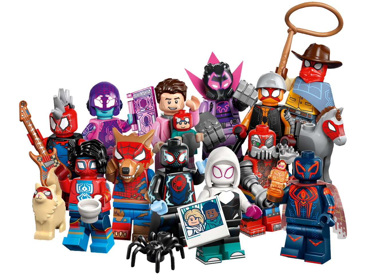 Lego® minifiguren: Diverse Spider-Man-personages, waaronder Gwen Stacy en Miles Morales.