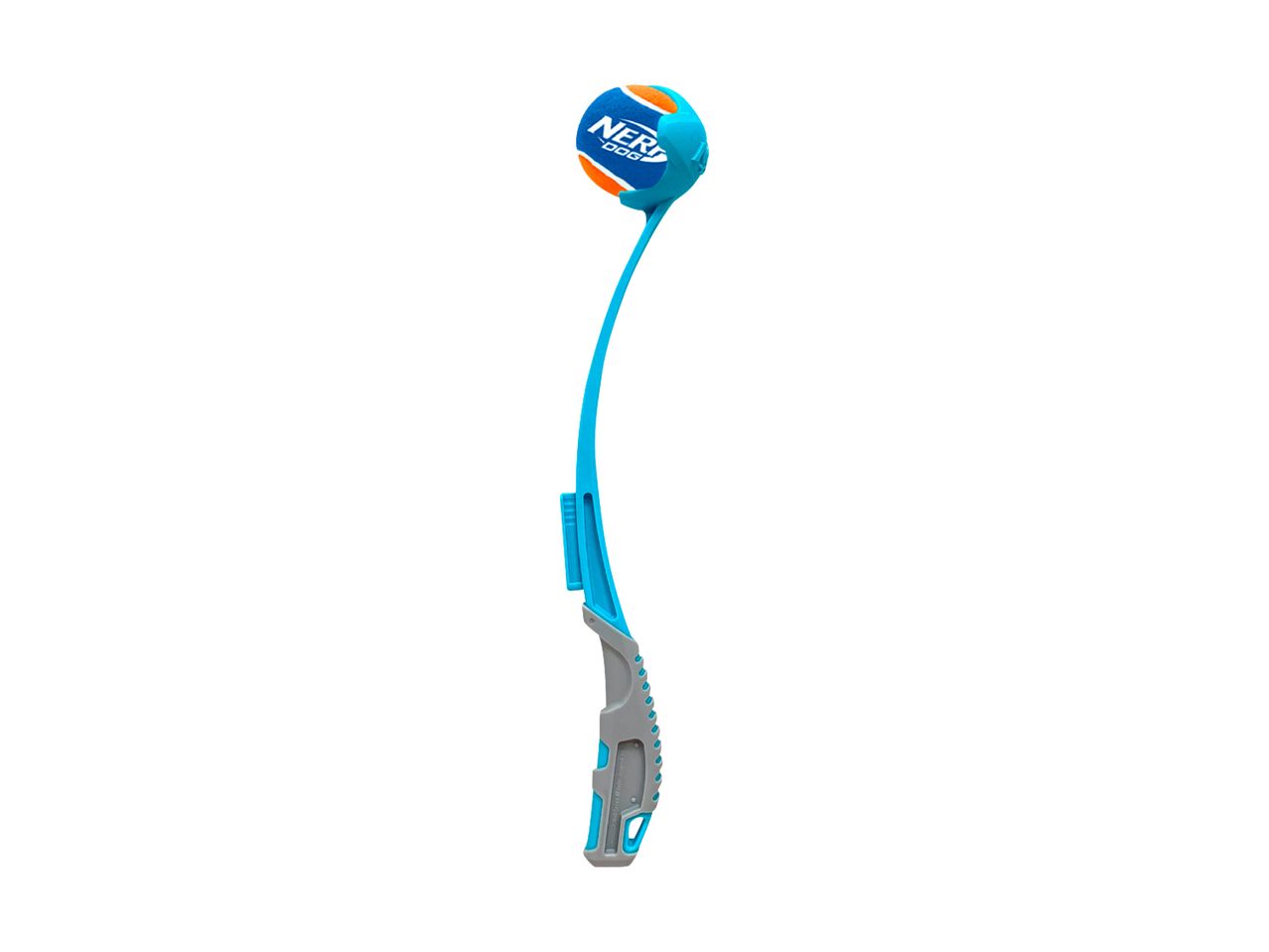 Blue and grey dog ball launcher with an orange and blue ball.