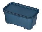 A dark-blue plastic storage container with a lid.