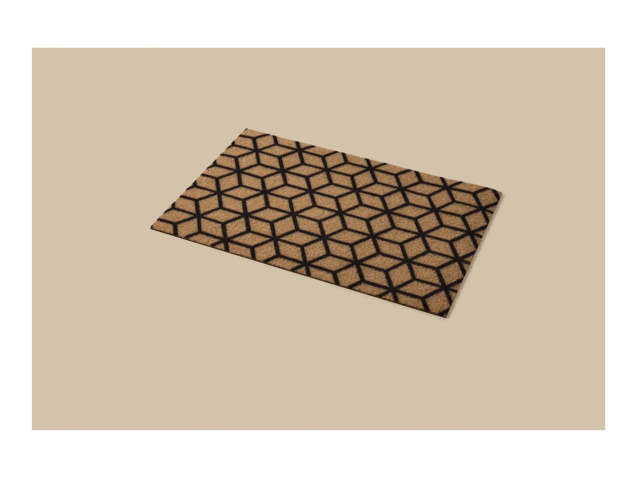 Rectangular brown doormat with a black geometric cube pattern