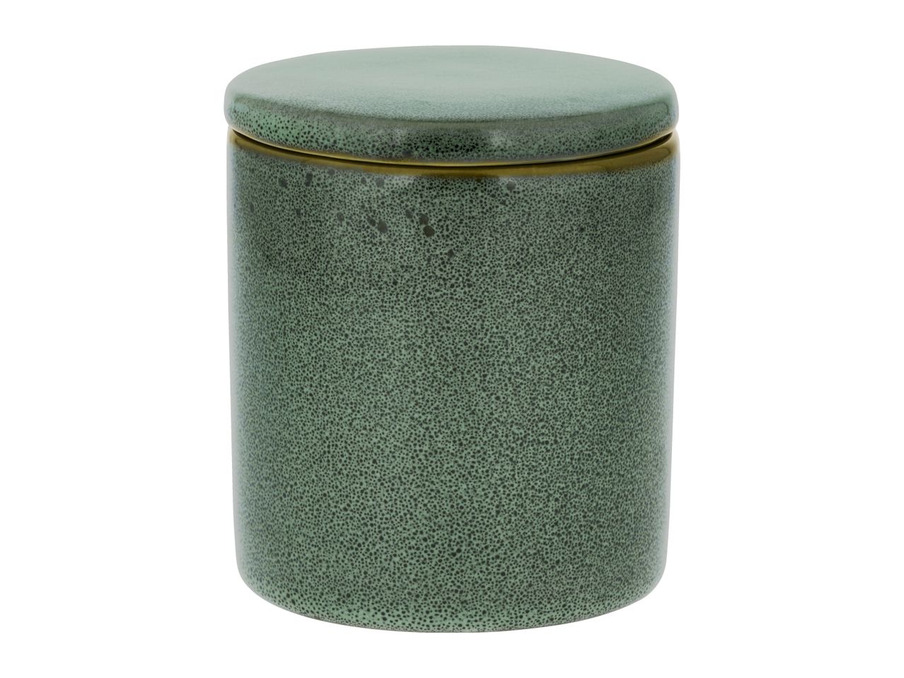 Green ceramic storage jar with a lid and speckled finish