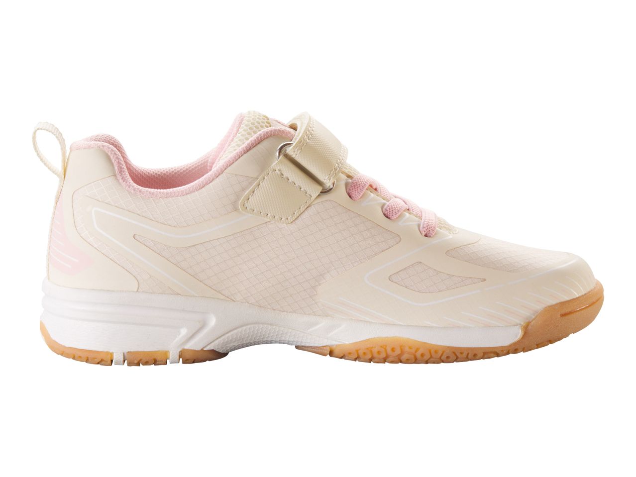 Beige and pink children's sneakers with Velcro.