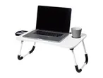 White portable laptop desk with a laptop, cup, and storage compartment.