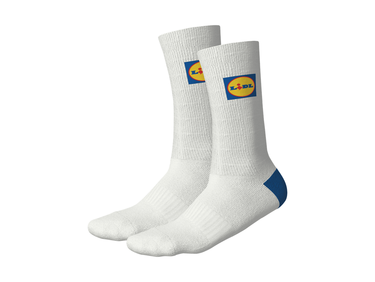 Deux chaussettes blanches avec un logo coloré et un talon bleu.
