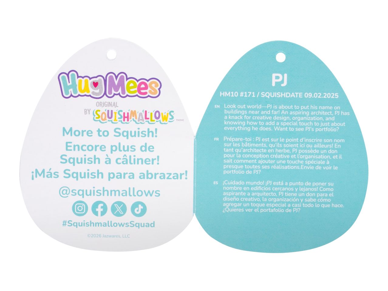 A white and blue tag with a character biography for PJ, an aspiring architect, in English, French, and Spanish.