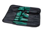 A black nylon tool roll containing a set of green plastic trim removal tools.