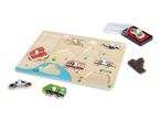 Wooden vehicle puzzle with a bus, helicopter, airplane, fire truck, ambulance, police car, and garbage truck pieces, plus two vehicle stamps.