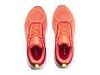Pair of orange and red running shoes with neon yellow accents, top-down view.