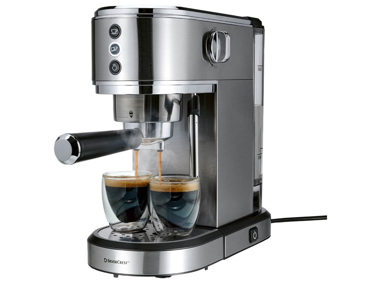 Еспресо машина от неръждаема стомана, приготвяща две чаши кафе едновременно.