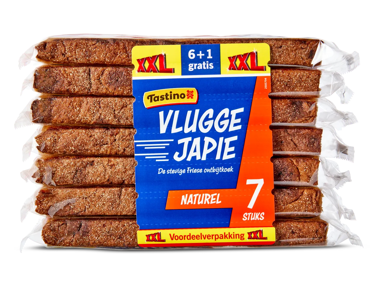 Een verpakking van 7 ontbijtkoeken, met de tekst '6+1 gratis' en 'XXL Voordeelverpakking'.