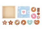 A wooden box and various wooden play food items including donuts, cookies, and a strawberry.