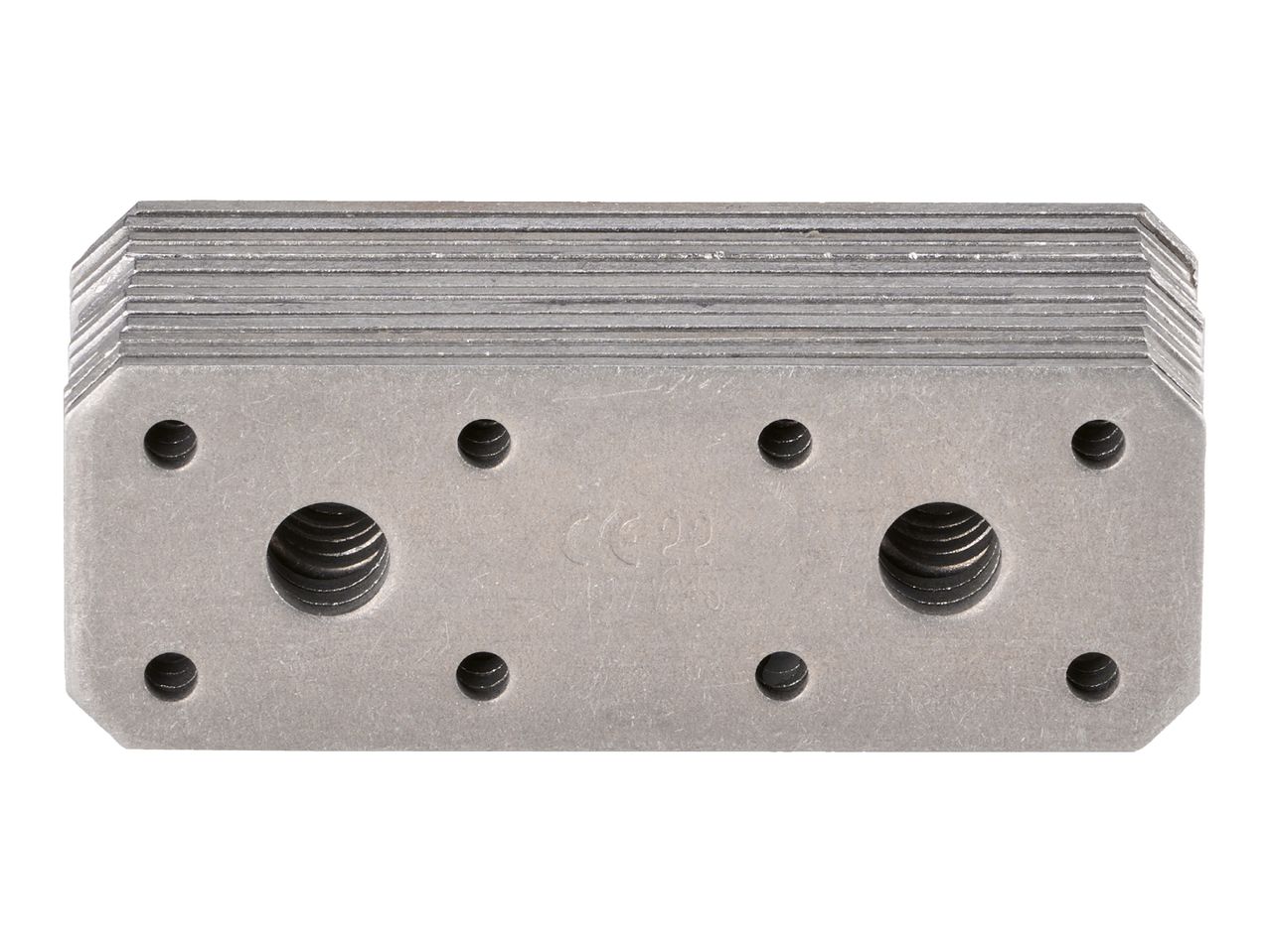 Stack of rectangular metal connector plates with pre-drilled holes