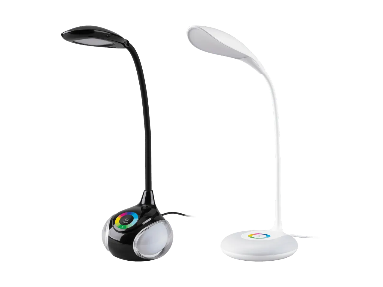 Deux lampes de bureau LED, une noire et une blanche, avec des bases tactiles colorées.