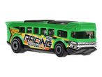 Hot Wheels green school bus toy with 'RACING ACADEMY' text on the side.