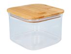 Clear square glass food storage container with a light brown bamboo lid