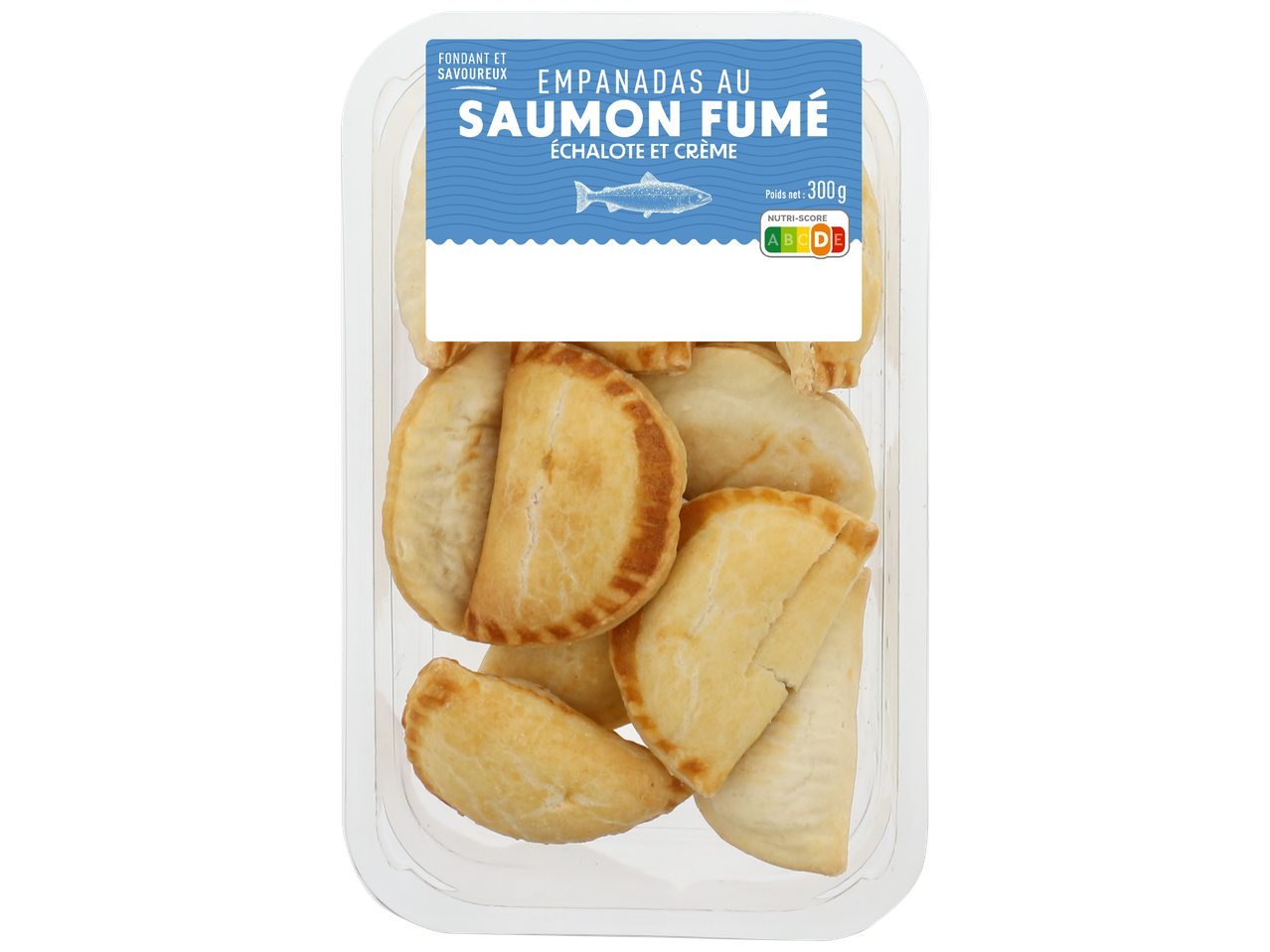 Empanadas au saumon fumé, échalote et crème, avec un Nutri-Score D, poids net 300g.