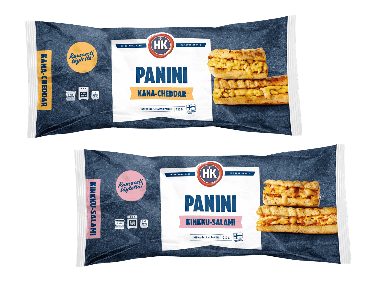 Kaksi pakkausta panineja: kana-cheddar ja kinkku-salami, joissa on runsaasti täytettä.