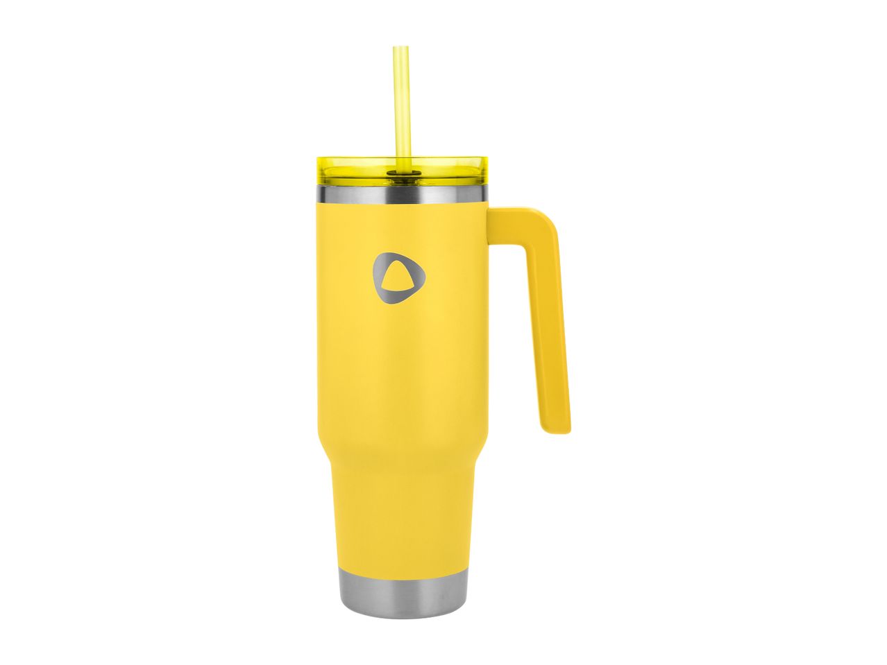 Yellow insulated tumbler with a handle, clear lid, and a yellow straw.