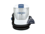 White and blue carpet cleaner with a transparent water tank, hose, and cleaning head.