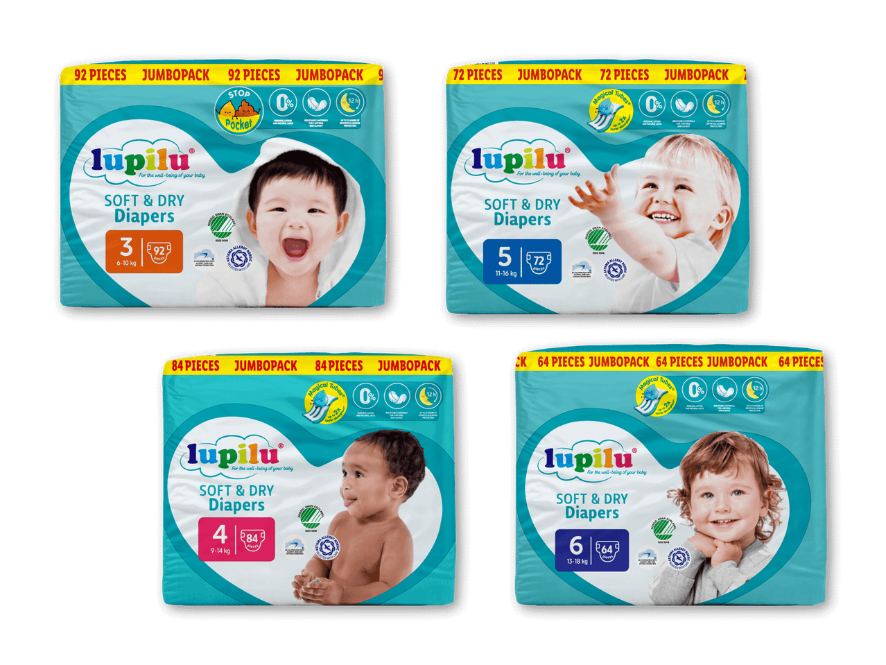 Fire pakker bleer i forskellige størrelser (3, 4, 5, 6) med billeder af glade babyer og produktinformation.