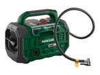 Green and black portable air compressor with a coiled hose and nozzle.