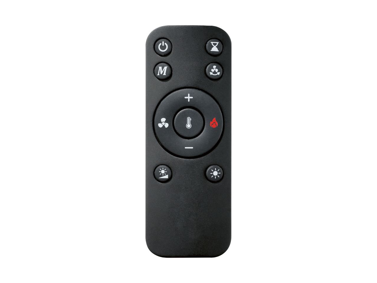 Black remote control with various function buttons for a heater or fan