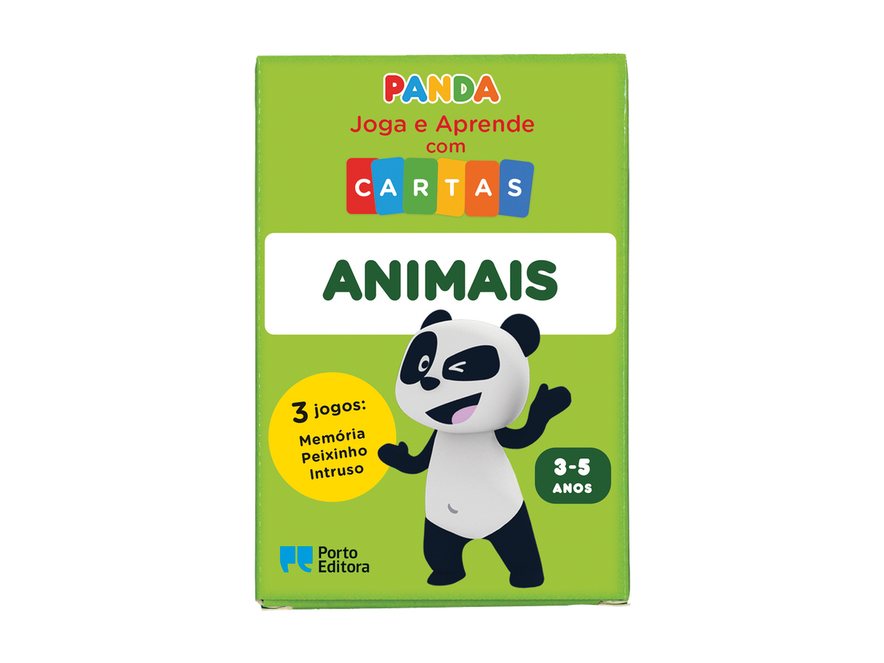 Jogo Panda 'Joga e Aprende com Cartas: Animais' para idades 3-5, da Porto Editora.