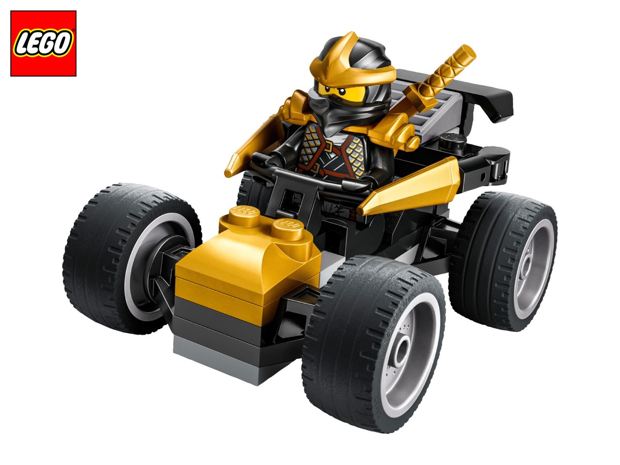 Black and gold toy ninja minifigure in a matching buggy.