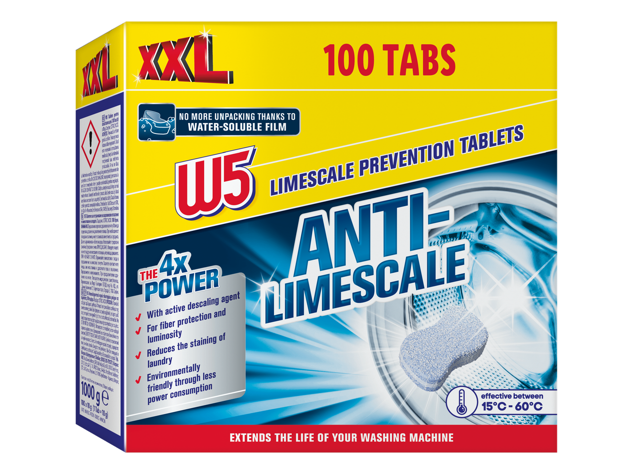 W5 XXL skalės prevencijos tabletės (100 vnt.) skalbimo mašinoms.