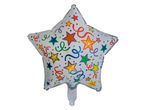 White star-shaped foil balloon with colorful stars and confetti design.