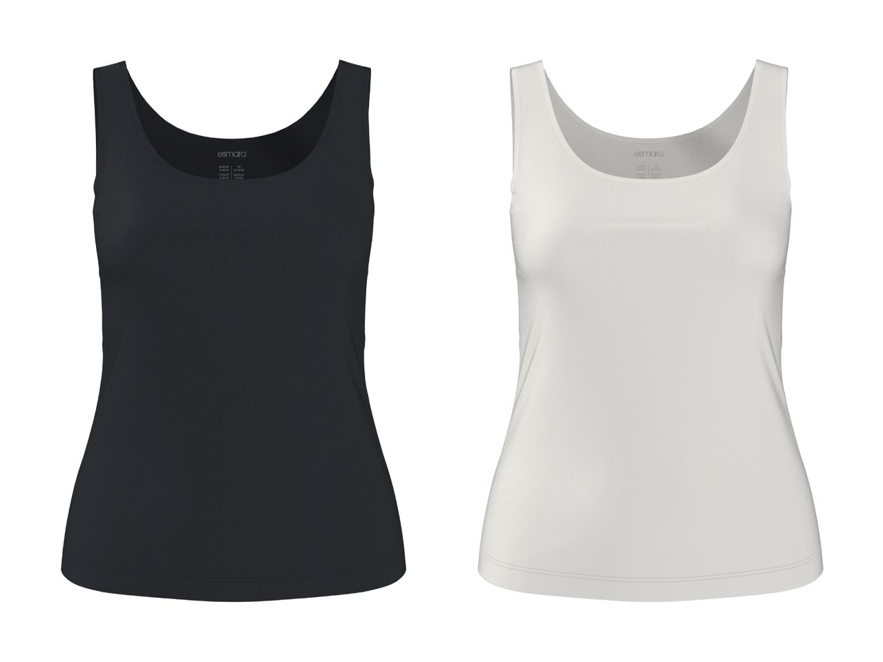 To ensfarvede tanktoppe, en sort og en hvid, med størrelsesmærker.