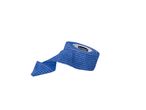 Blue elastic bandage with a white label on the inside of the roll.