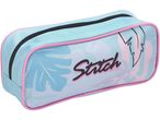 Light blue Stitch pencil case with pink trim and tropical leaf design.