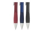 Three ballpoint pens in red, blue, and black with silver tips and clips.