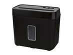 Black paper shredder with a clear window on the front, angled view.