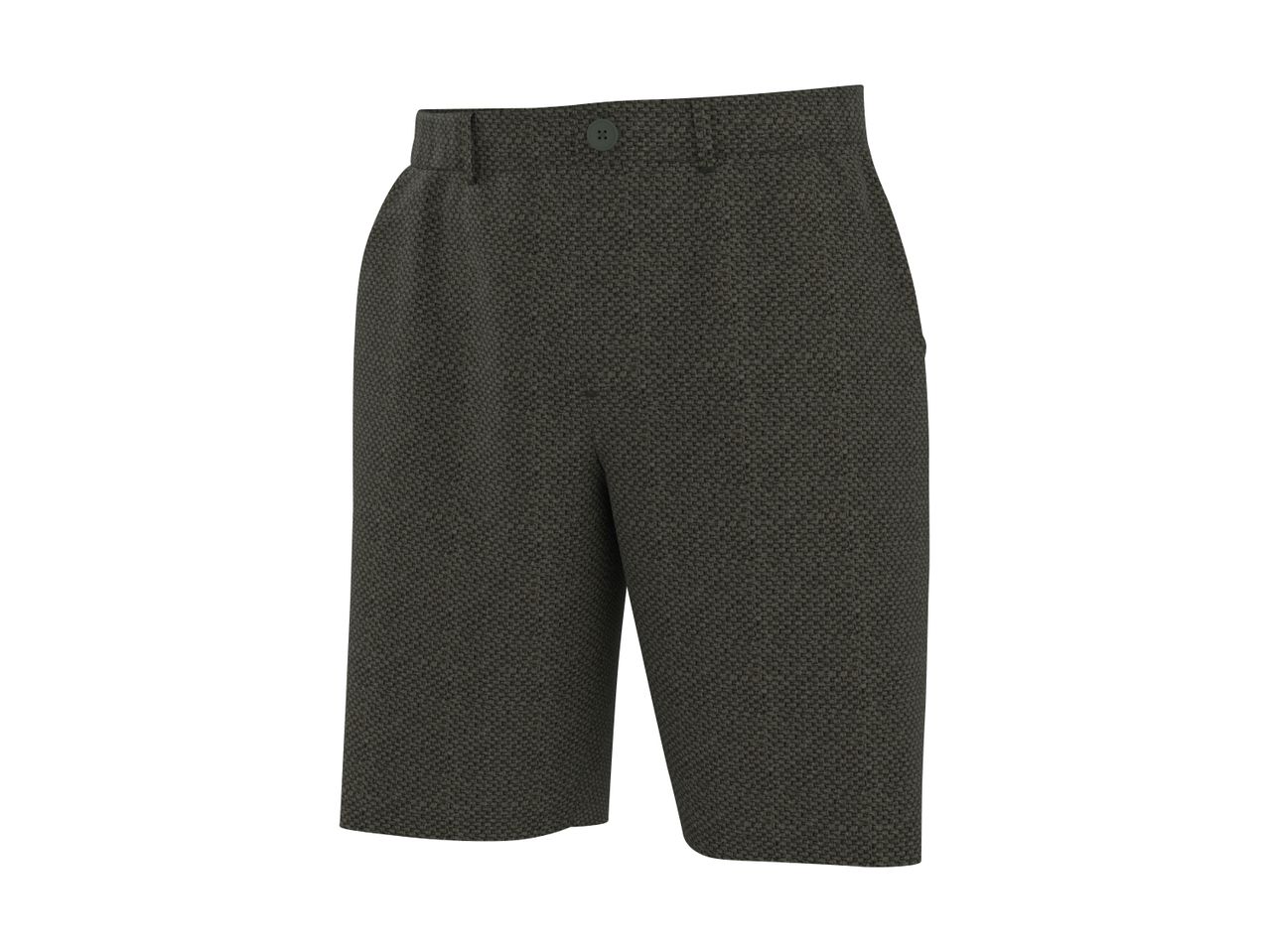Dark green patterned shorts with a button closure, suitable for casual wear.