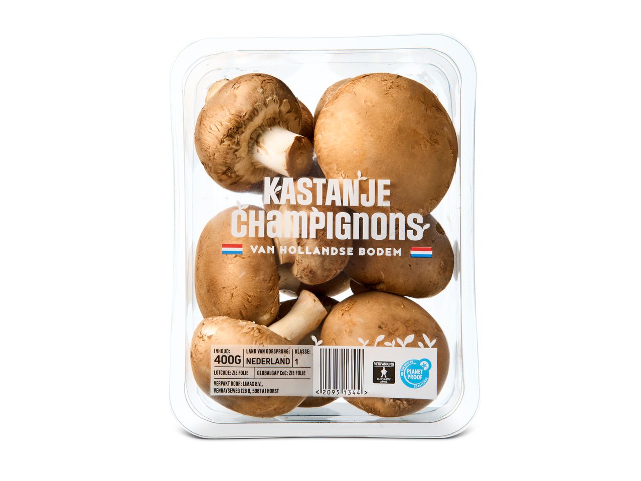 Een verpakking van 400 gram kastanjechampignons van Hollandse bodem.