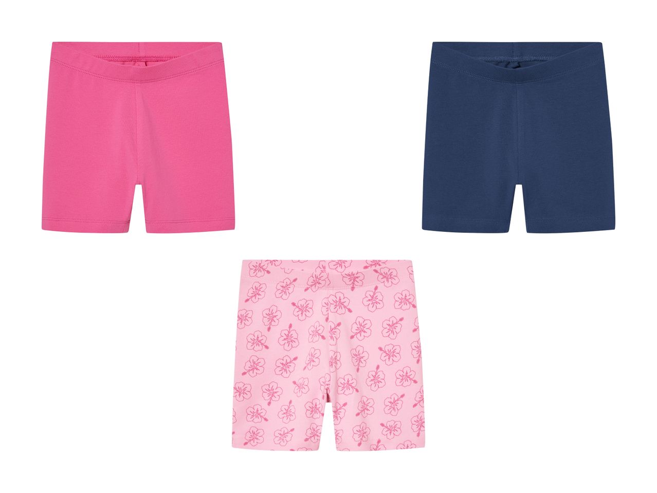 Trois shorts pour filles : rose, bleu marine et rose à motifs.