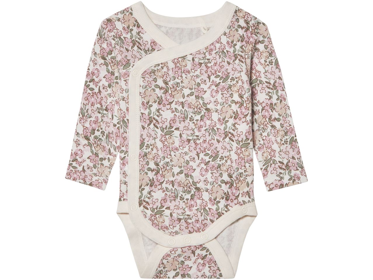 Body neonato a maniche lunghe con stampa floreale rosa e beige.