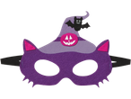 Purple felt Halloween mask with cat ears, a witch hat, and a pumpkin and bat design.