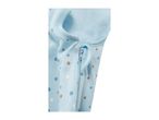 Close-up of a light blue baby sleepsuit with white, brown, and blue polka dots and a zipper.