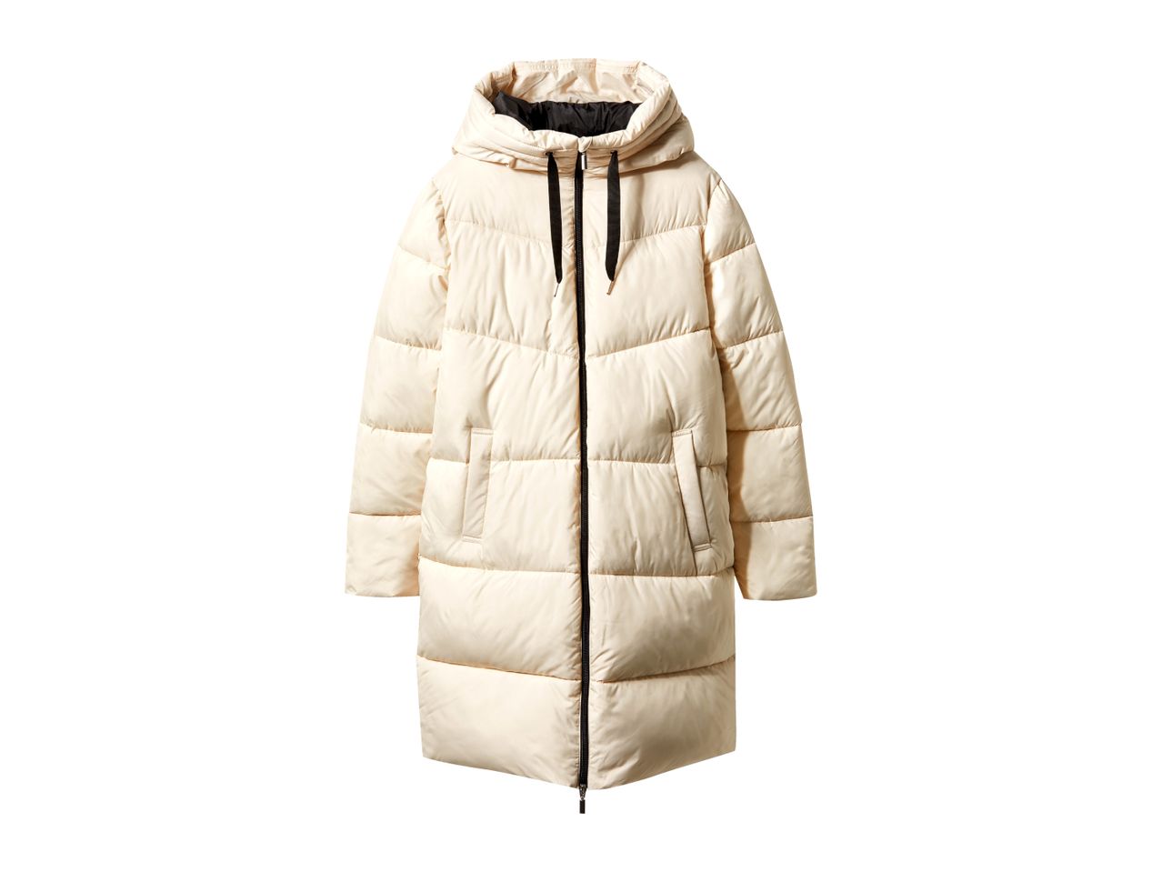 Long cream puffer coat with a hood and black zipper